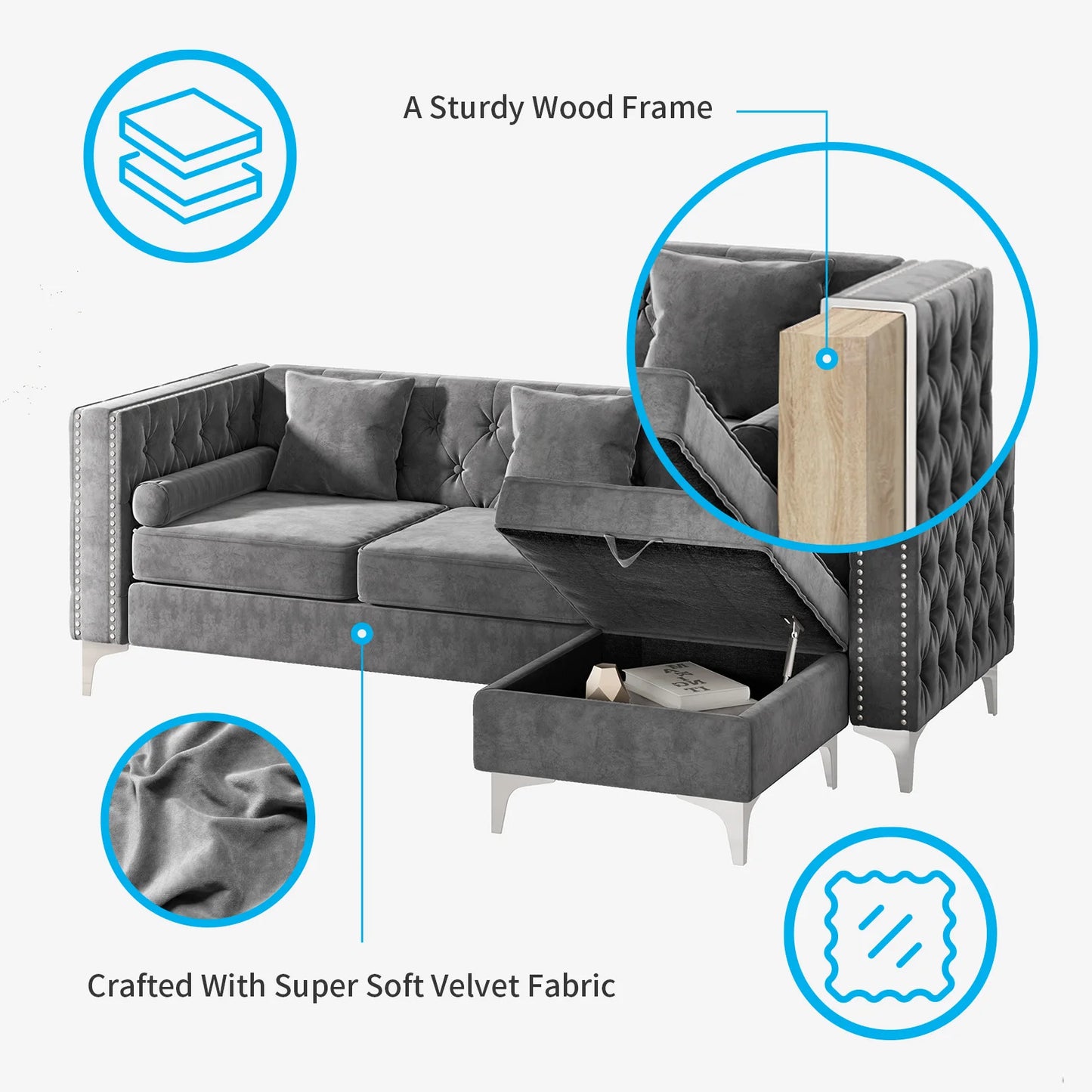 Convertible Sectional Sofa, Velvet Upholstered