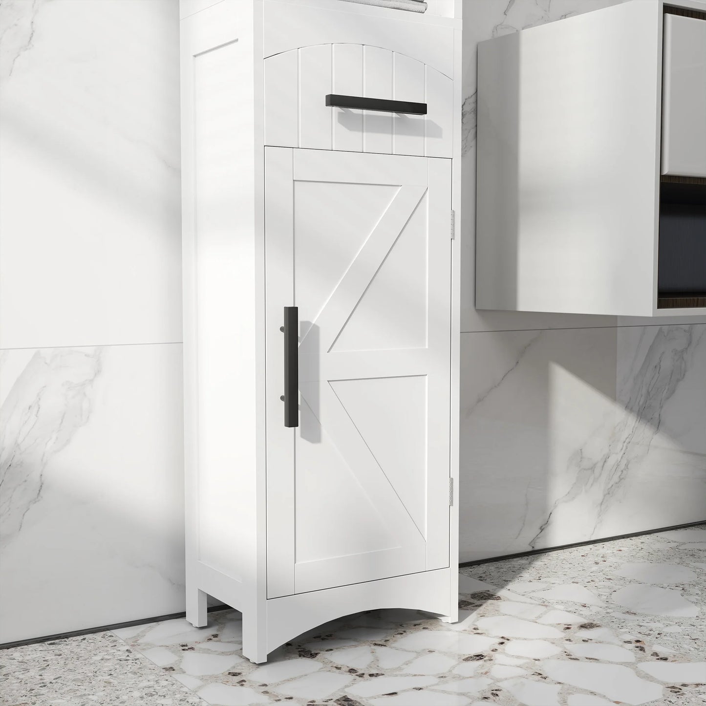 Tall Bathroom Storage Cabinet, Farmhouse Narrow Bathroom Storage Cabinet with Recessed Drawer and Barn Door, White