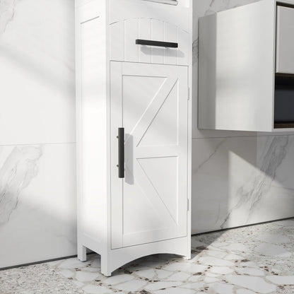 Tall Bathroom Storage Cabinet, Farmhouse Narrow Bathroom Storage Cabinet with Recessed Drawer and Barn Door, White