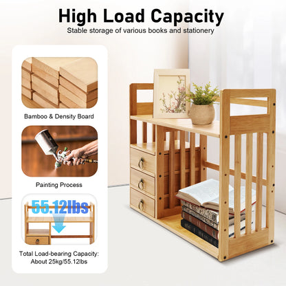 Desktop Organizer Book Shelf Office Storage Rack Wood with Drawers - Birthday Gifts - Natural Stand Shelf Rectangular