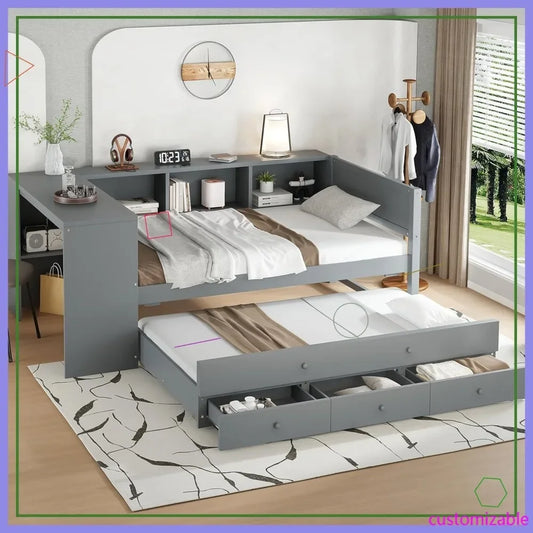 Twin Size Corner Daybed with Trundle, 3 Drawers & Desk - Grey Wooden Storage Bed for Kids Teens