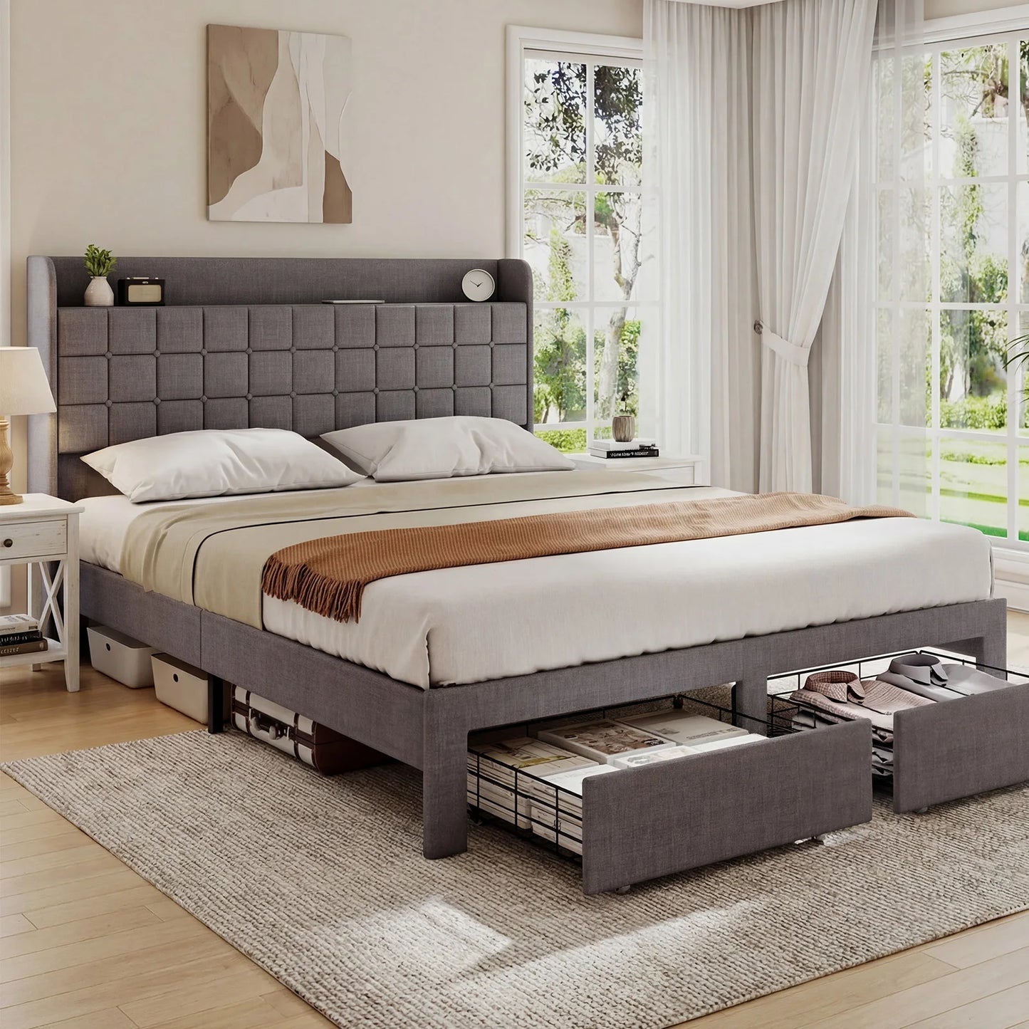 Wood Bed Frame with 2 Storage Drawers Fabric Headboard Upholstered Platform Bed Frame Wooden Slats