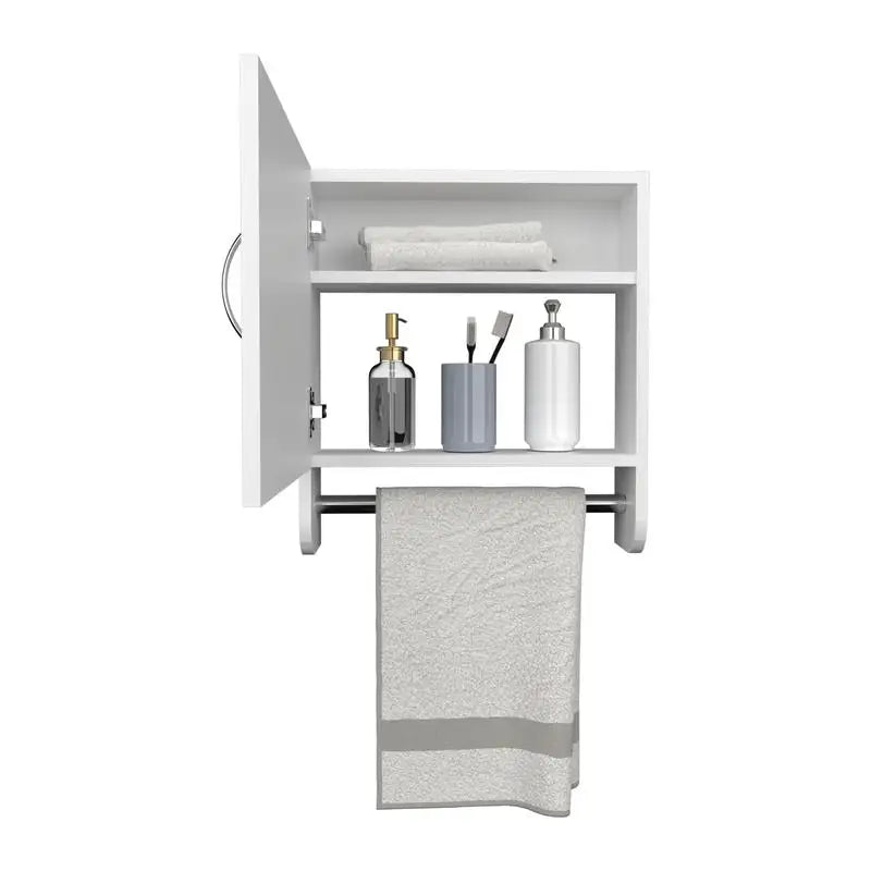 White Medicine Cabinet with Towel Rack, One Door and Two Shelves for Bathroom Storage