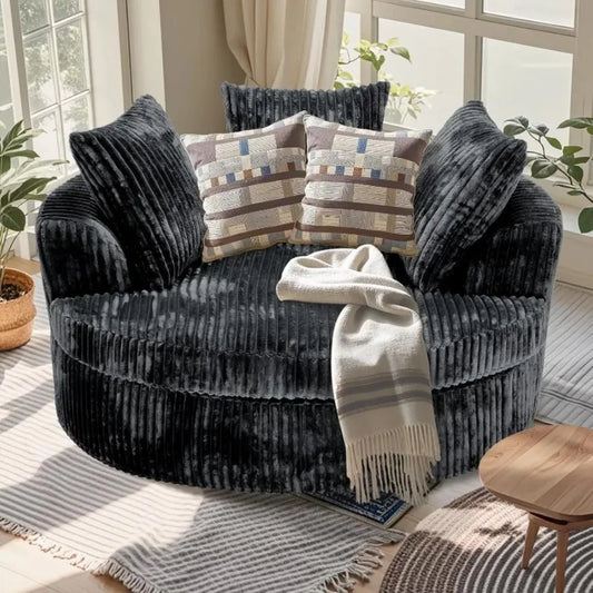 59 Inch Oversized Chaise Lounge Chair Indoor, Round Corduroy Chaise Lounge Sofa Bed with Throw Pillows and Backrest, Plush Sleep