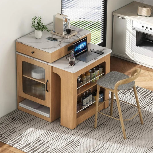 Kitchen Island Extendable Dining Table w/ Charging Station, Dual Storage, Mobile Prep Station, Natural