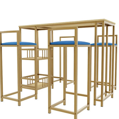 Bar table and chair five piece set gold frame multilayer tabletop chair cushion and backrest made of sponge table with storage