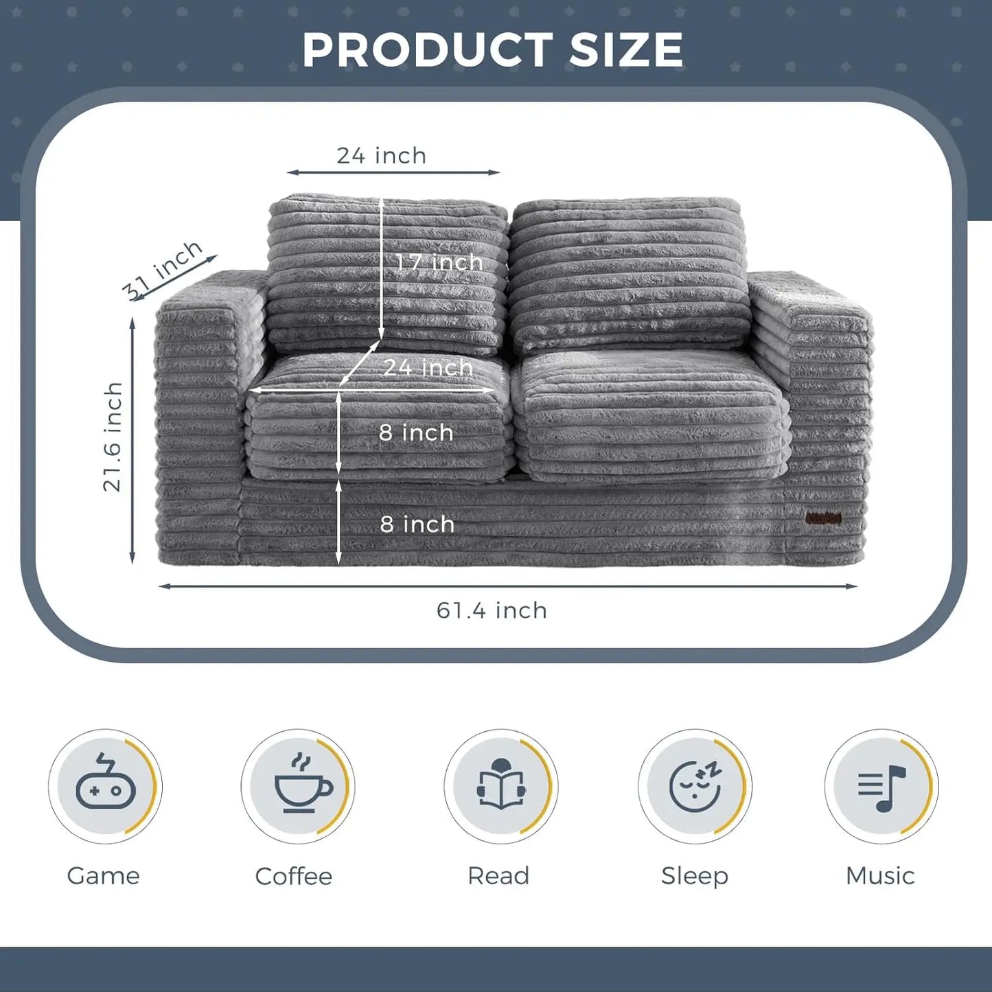 Large Grey Bean Bag Sofa with Pillows and Armrests, Plush Floor Chair for Living Room or Bedroom