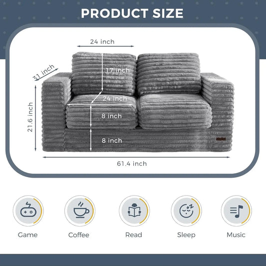 Large Grey Bean Bag Sofa with Pillows and Armrests, Plush Floor Chair for Living Room or Bedroom