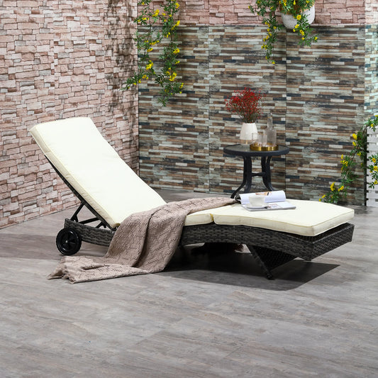 Outdoor Reclining Lounge Chair, Pe Wicker, Rolling Wheels, Patio, Off-White