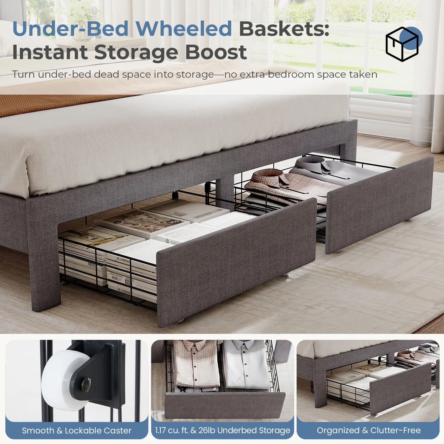Wood Bed Frame with 2 Storage Drawers Fabric Headboard Upholstered Platform Bed Frame Wooden Slats
