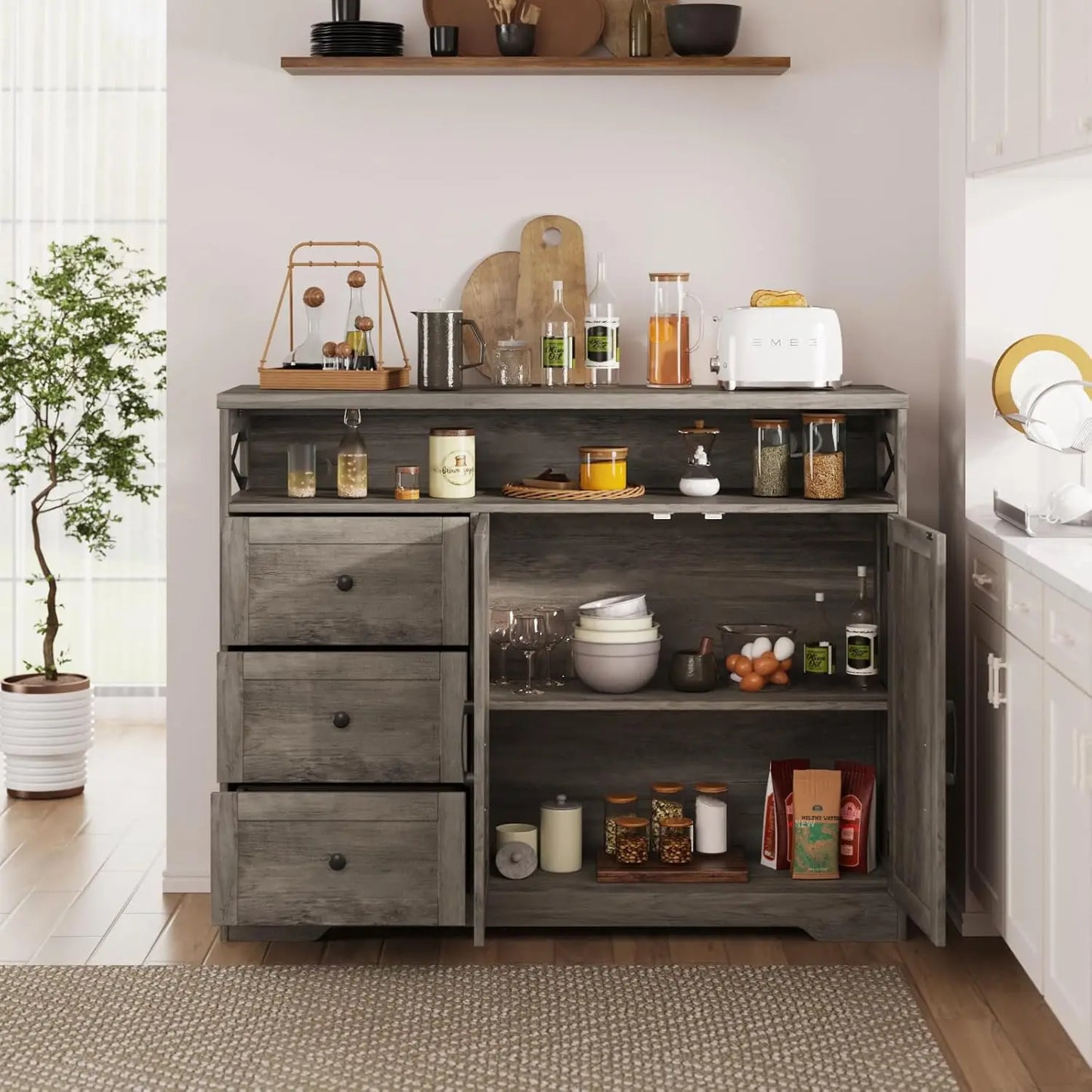 Farmhouse Buffet Storage Cabinet with Drawers & Shelf, Sideboard with Storage, Kitchen Pantry Hutch Cabinet, Customized