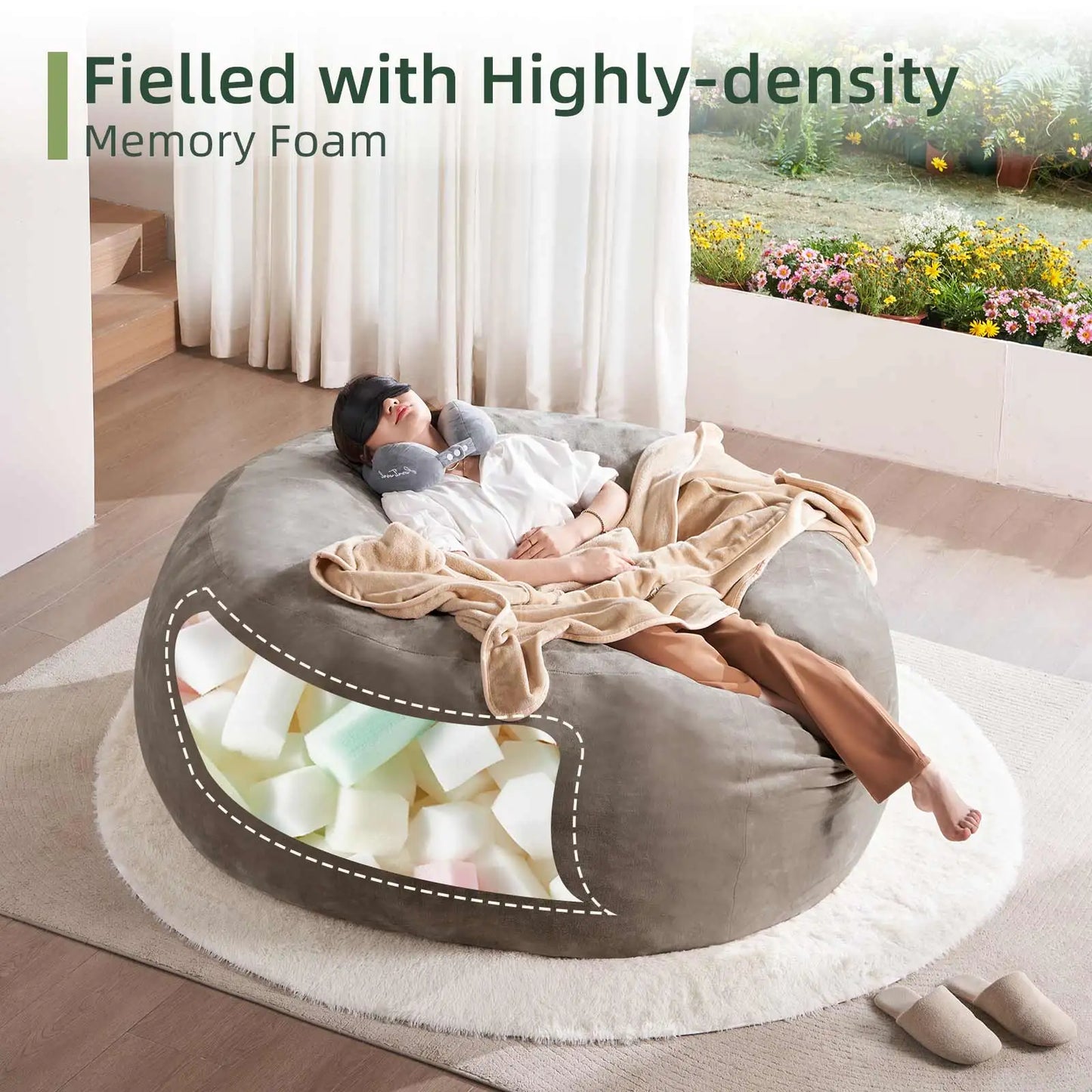 Bean Bag Chair filled with memory foam. Large bean bag chair suitable for adults, featuring a soft sofa