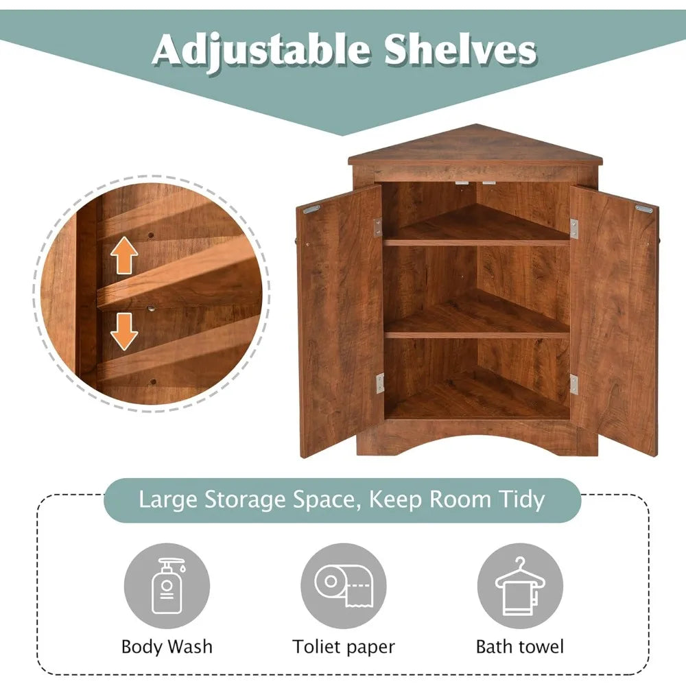 Corner Storage Cabinet with Adjustable Shelves, Triangle Bathroom & Kitchen Organizer, Freestanding Floor Cabinet for Toilet Kit