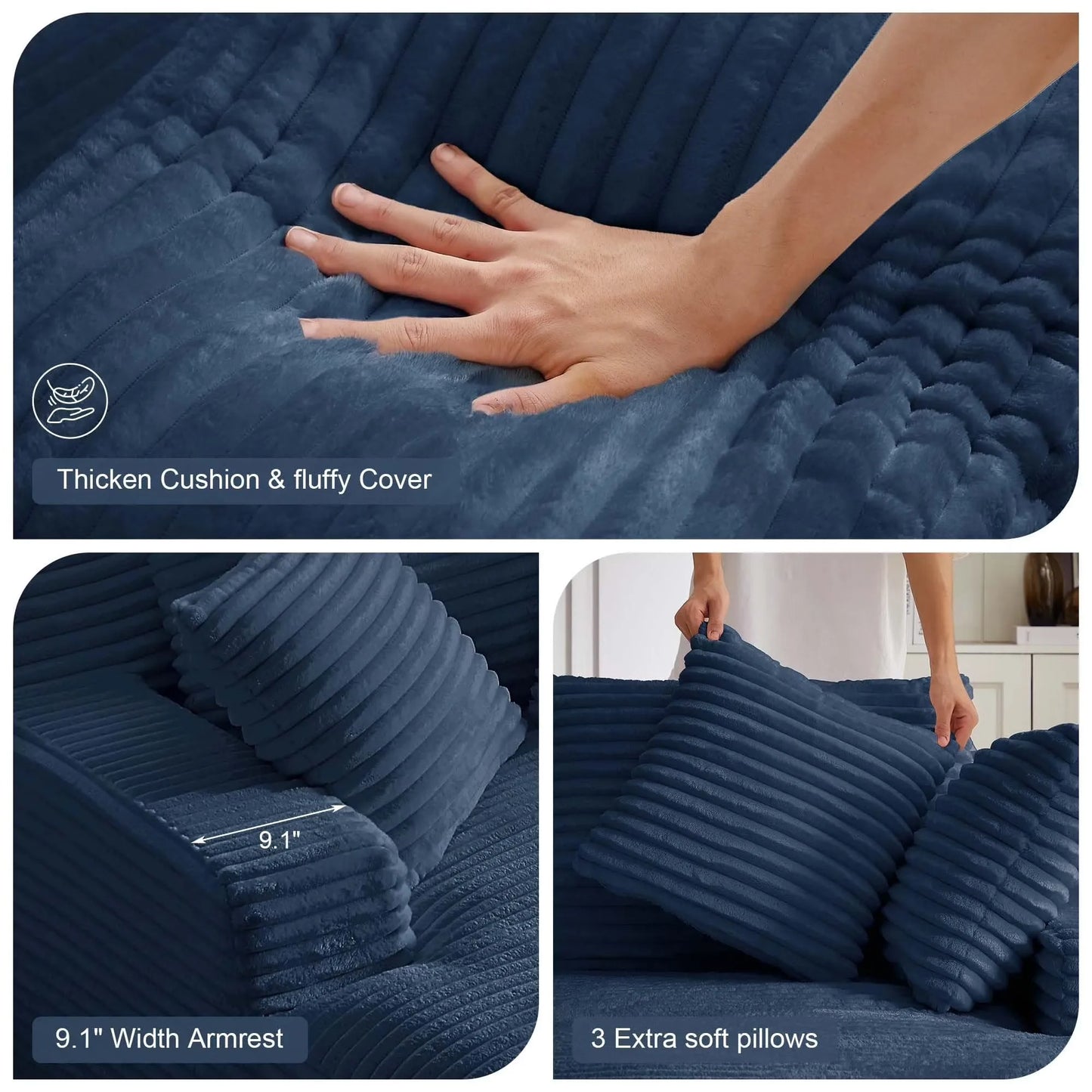 Oversized Chaise Lounge Chair Corduroy Oversized Boneless Couch Sofa Bed Reading Chair Sleeper Chaise with 3 Pillows, Blue
