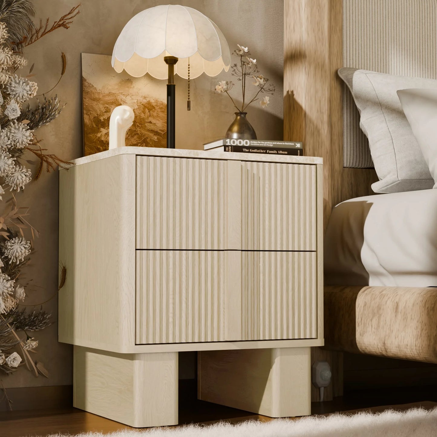 Fluted Nightstands w/ Charging, 2-Drawer End Tables w/ Reinforced Legs, Whitewashed Oak for Bedroom
