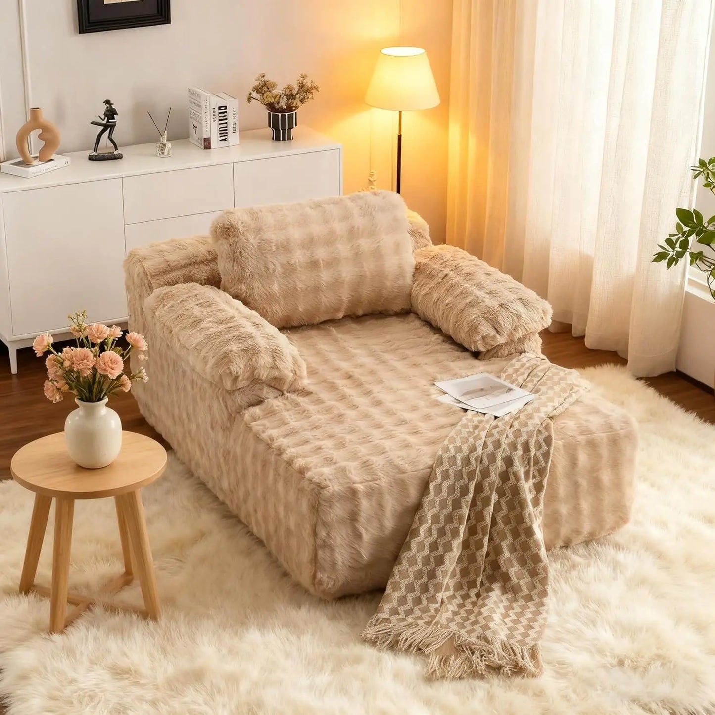 Oversized Chaise Lounge Chair Indoor Reading Chairs Comfy Bubble Fleece Upholstered Boneless Sofa Bed Sleeper, Customized