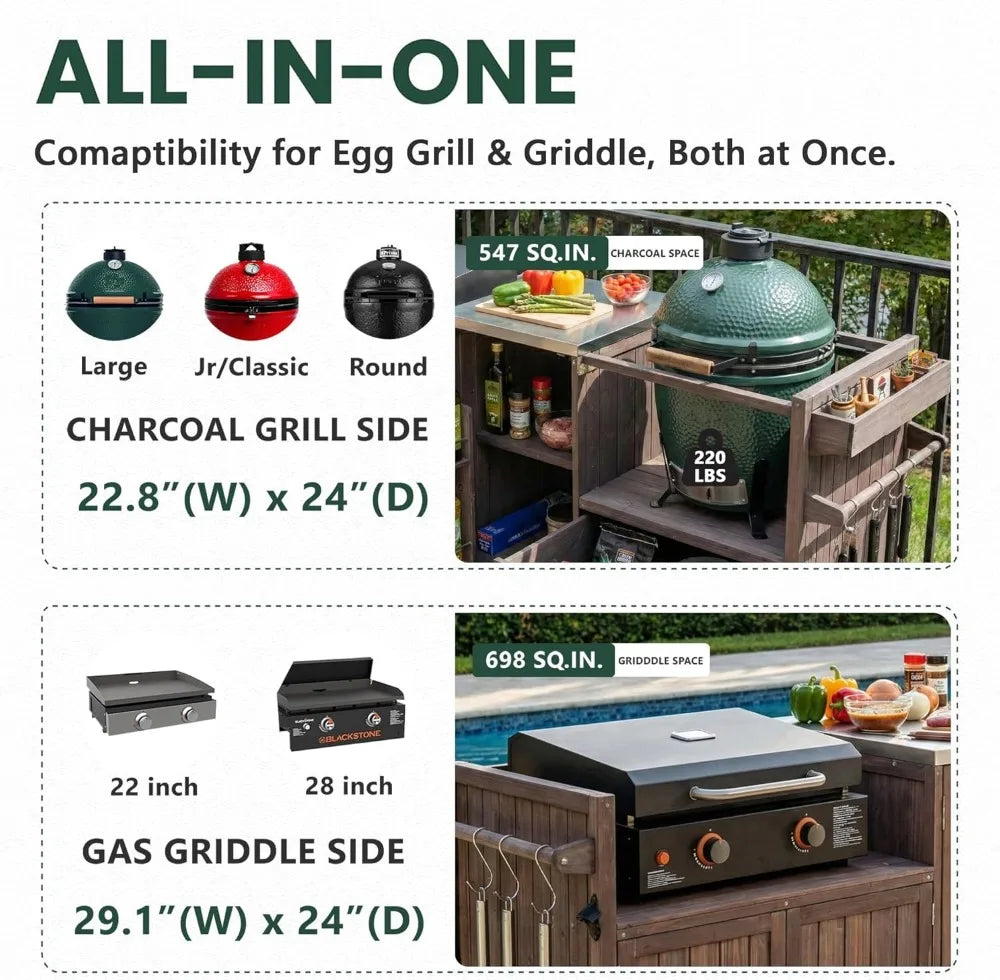 Outdoor Grill Cart 80.5" Solid Wood Kitchen Island Stainless Steel Top Rolling Cart for Griddle