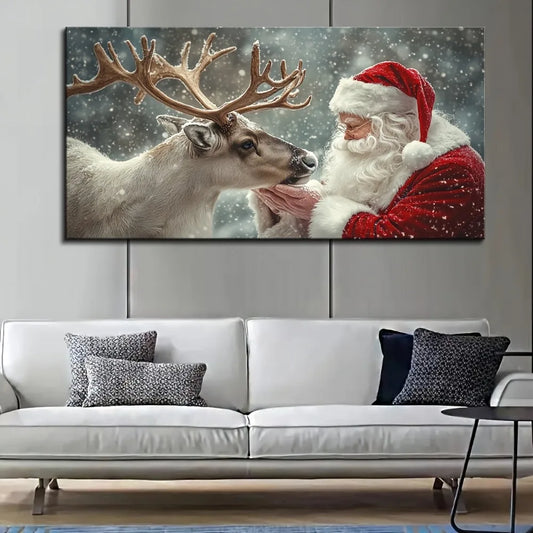 Christmas Miracle Warm Santa and elk hanging canvas art, vivid Christmas decorations, 1.5 inch thick pine solid wood frame