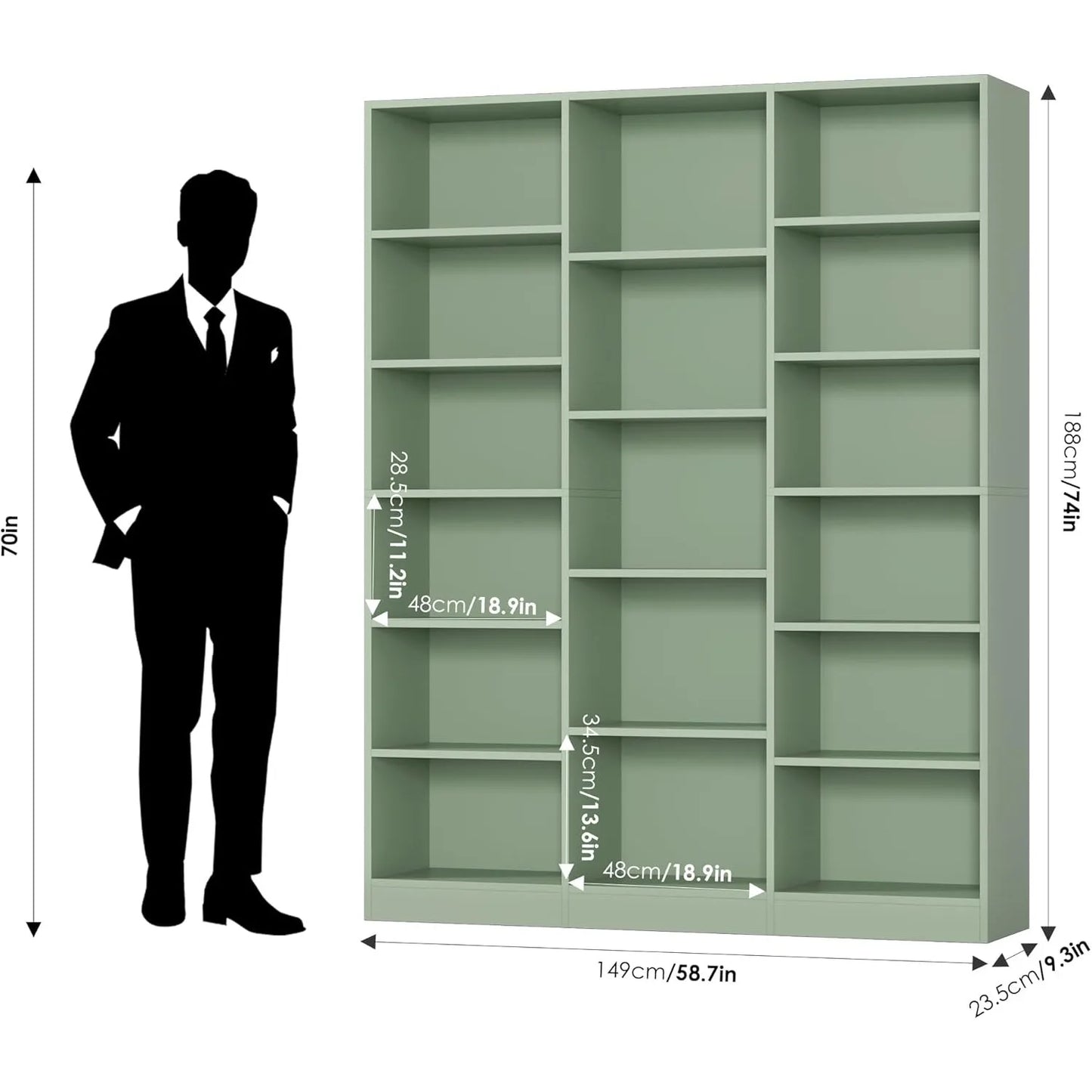 Triple Wide Bookshelf, 6 Tier Large Bookshelf, Bookcase with 17 Open Display Shelves, 74'' Tall Bookcases, Customized