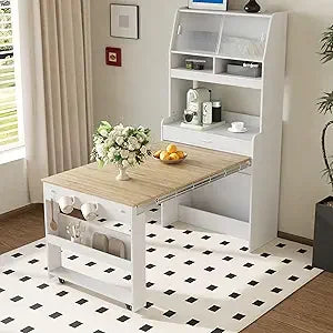 Modern Coffee Bar Cabinet, Compact 33.5"x15.7"x69" Buffet Cabinet with Hutch & Foldable Dining Table, Multifunctional Cupboard w