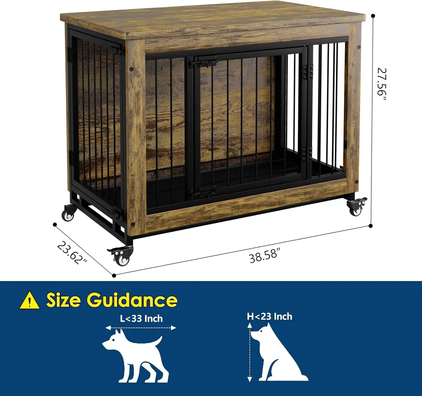 Wooden Dog Crate Furniture with 3 Doors & Wheels Heavy Duty Indoor Dog Kennel Side Table - Removable Tray, Pet House Cage Crate