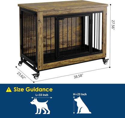 Wooden Dog Crate Furniture with 3 Doors & Wheels Heavy Duty Indoor Dog Kennel Side Table - Removable Tray, Pet House Cage Crate