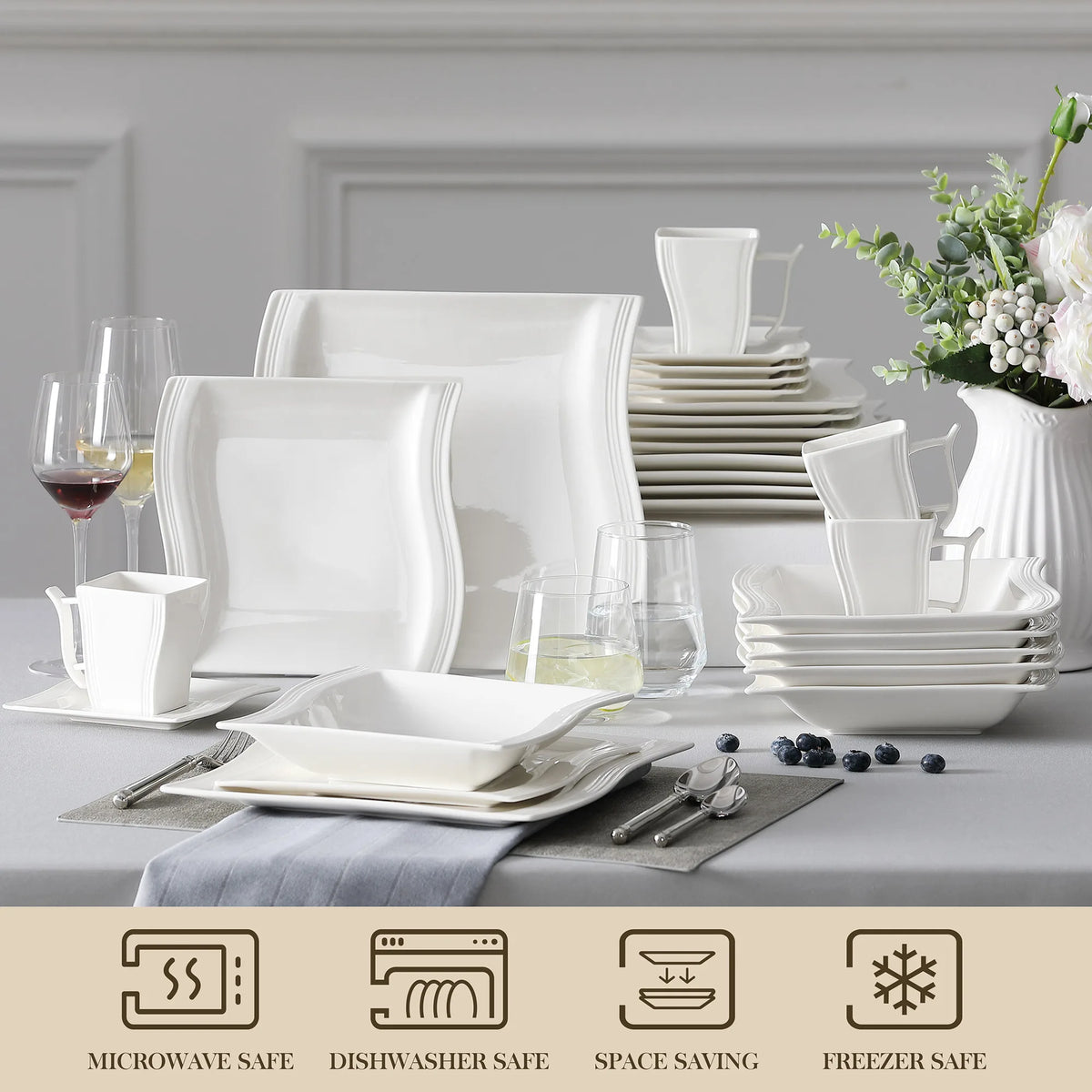 White Porcelain Dinner Set with 12*Cup, Saucer, Dessert Soup Dinner Plate Tableware