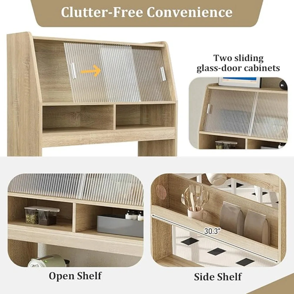 Modern Coffee Bar Cabinet, Compact 33.5"x15.7"x69" Buffet Cabinet with Hutch & Foldable Dining Table, Multifunctional Cupboard w