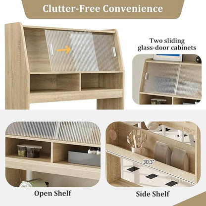 Modern Coffee Bar Cabinet, Compact 33.5"x15.7"x69" Buffet Cabinet with Hutch & Foldable Dining Table, Multifunctional Cupboard w