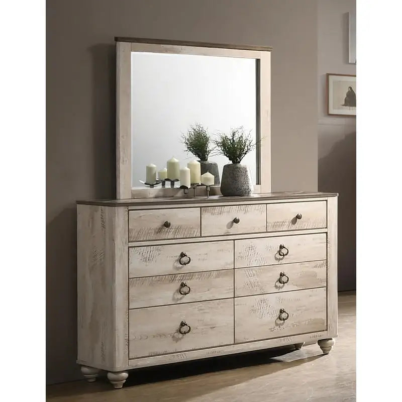 Contemporary White Wash Finish King Sleigh Bed Set with Dresser, Mirror, and 2 Nightstands