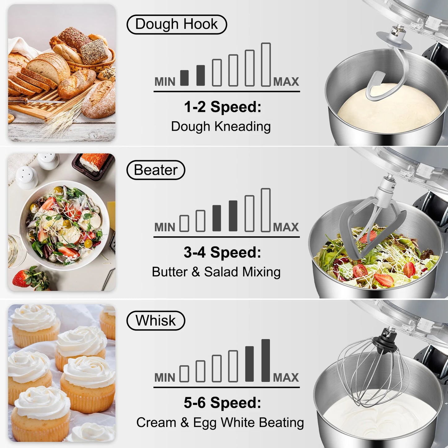 Stand Mixer Electric Dough Mixer with 6 Speeds LCD Screen Timing 5.8 Qt Stainless Steel Bowl Dough Hook Flat Beater