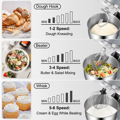 Stand Mixer Electric Dough Mixer with 6 Speeds LCD Screen Timing 5.8 Qt Stainless Steel Bowl Dough Hook Flat Beater