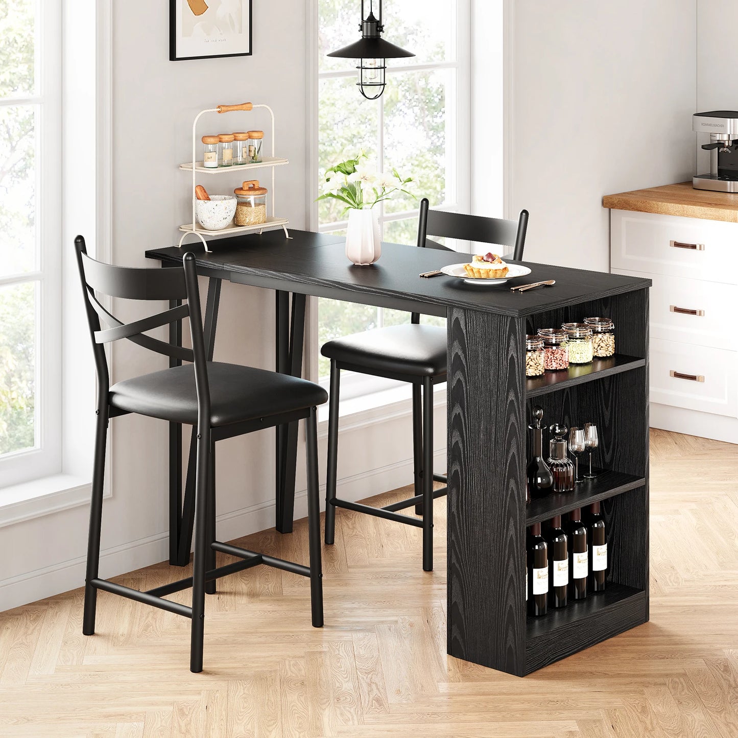 Kitchen Bar Table and Chairs for 2, 3-Piece Kitchen Table Set, Expandable Counter Height Bar Table Set