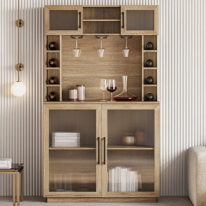 Coffee Wine Bar Cabinet with Power Outlet, 72" Rustic Liquor Cabinet, with Storage Kitchen Pantry Cupboard,Fluted Buffet Cabinet