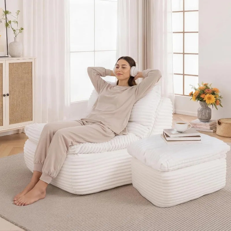 Oversized Chaise Lounge Chair Indoor, Soft Boneless Cloud Couch with 3 Pillows, 4 Side Pockets and 2 Cup Holders, Comfy Corduroy