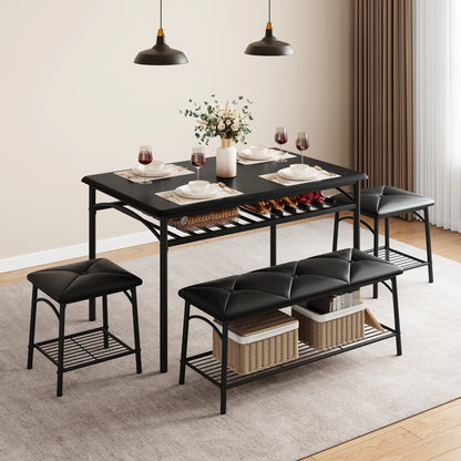 Dining Table Set for 4, Kitchen Table Set with Upholstered Bench and Square Stools, Metal and Wood Dining Room Table Set