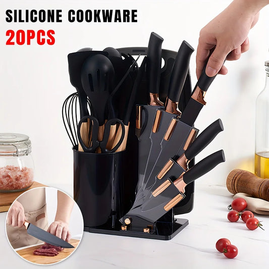 Silicone Utensil Set Non-Stick Heat-Resistant Cooking Kitchenware Chef Knife Easy-Clean Safe for Non-Stick Cookware