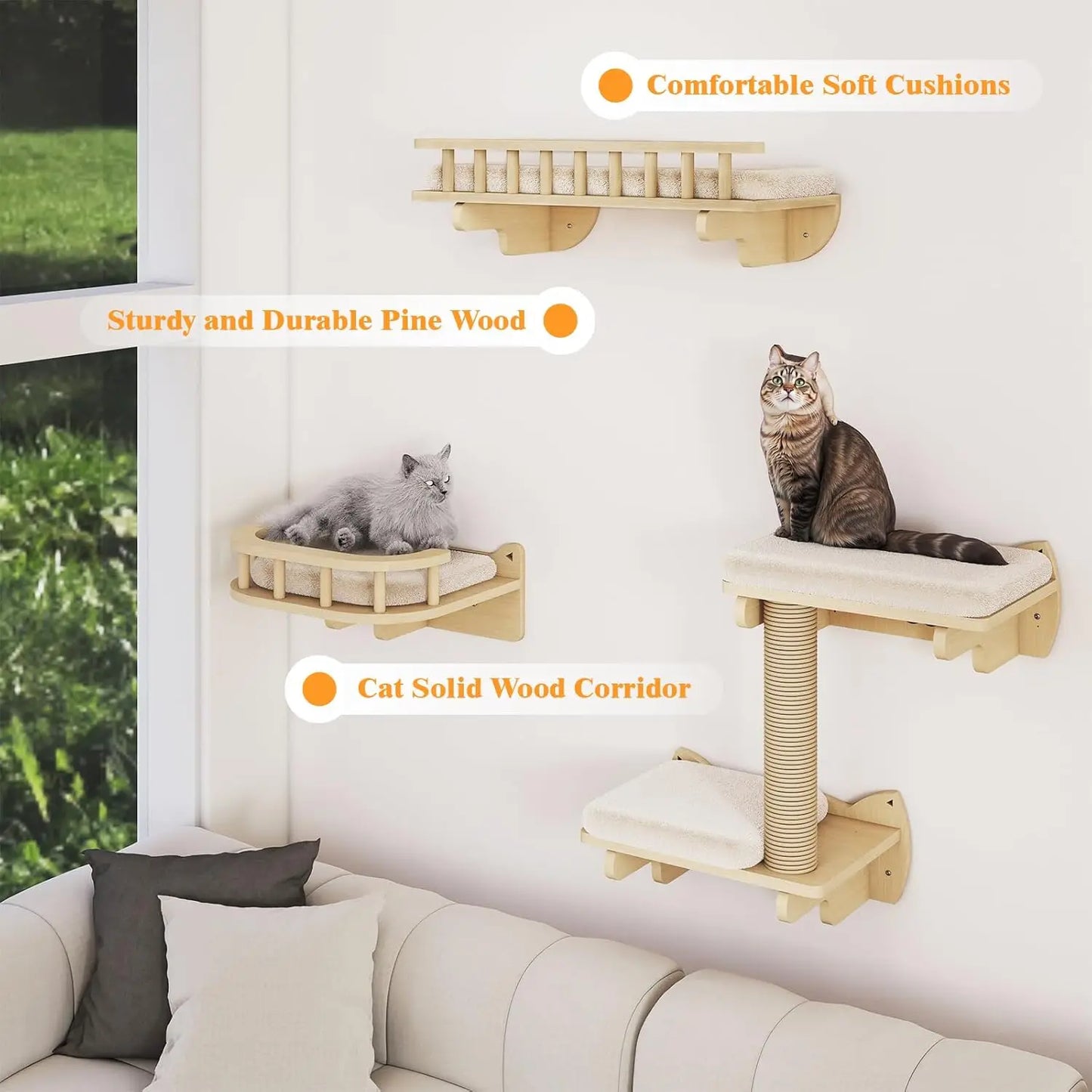 Cat ClimWall Set Made of Natural Wood, 8 Pcs Sturdy Furniture with Scratching Posts, Kitten Platform, 100CM Sisal Rope