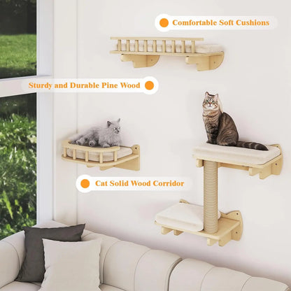 Cat ClimWall Set Made of Natural Wood, 8 Pcs Sturdy Furniture with Scratching Posts, Kitten Platform, 100CM Sisal Rope