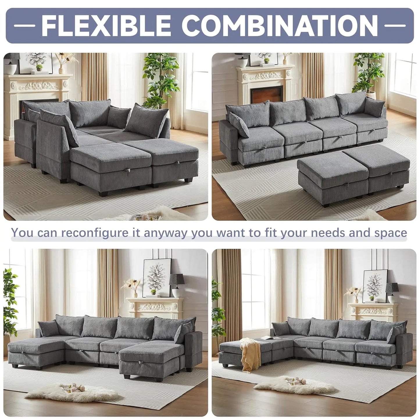 U-Shaped Modular Sectional Sofa with Storage Ottoman, Corduroy Upholstered Convertible Couches with Chaise