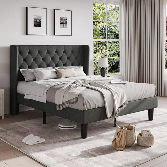 Classic Bed Frame with Button Tufted Wingback Headboard Platform Bed