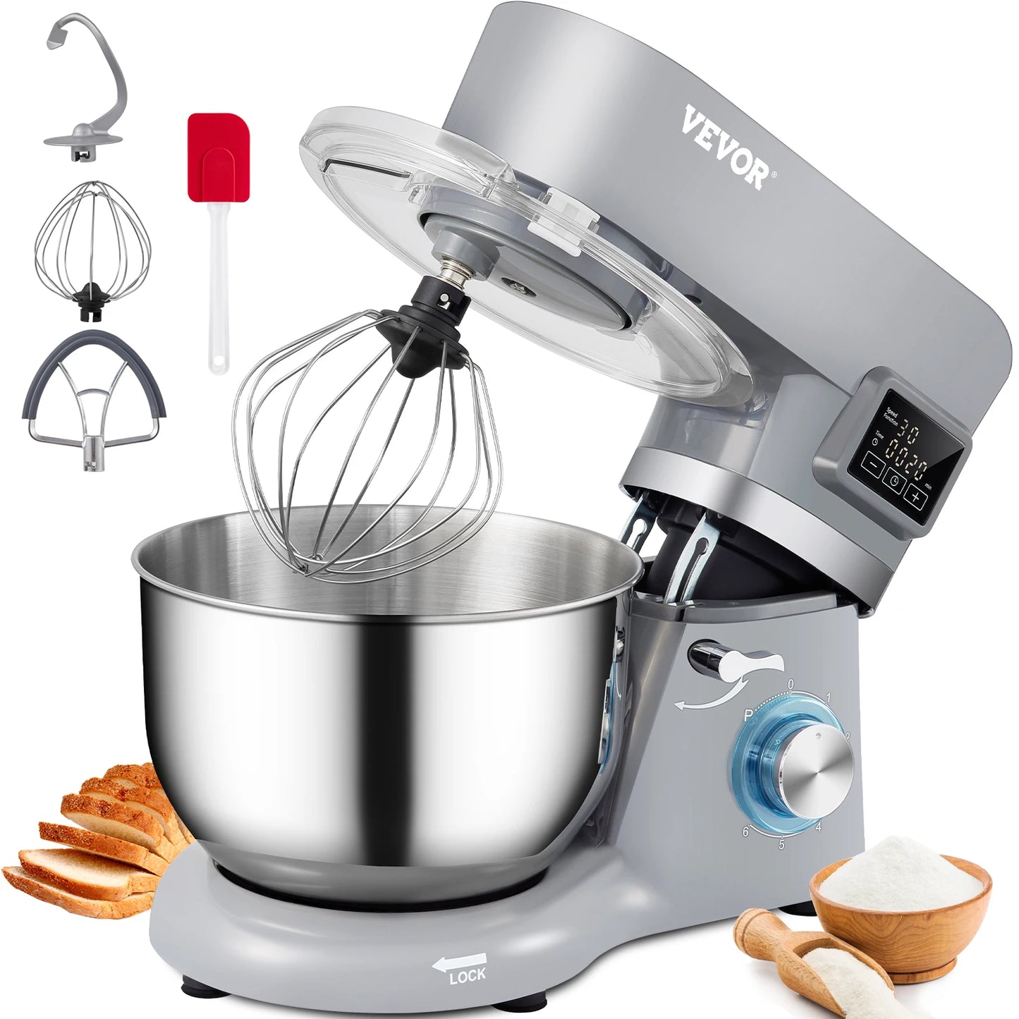 Stand Mixer Electric Dough Mixer with 6 Speeds LCD Screen Timing 5.8 Qt Stainless Steel Bowl Dough Hook Flat Beater