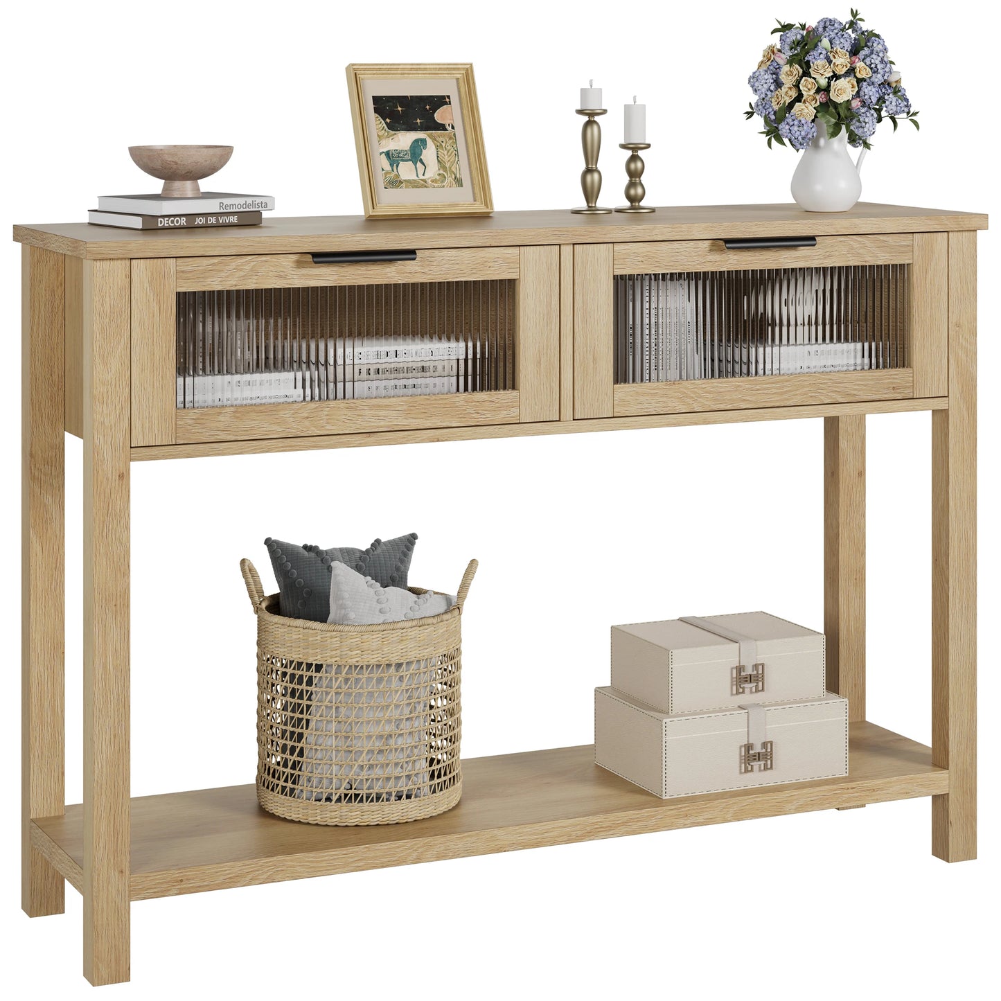 Console Table for Entryway – 2-Drawer Table with Glass Fronts and 2-Tier Storage for Living Room and Foyer