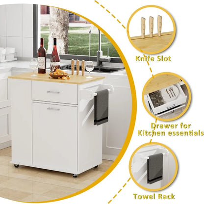 Rolling Kitchen Island with Trash Can Storage, Portable Kitchen Island on Wheels with Towel Rack & Spice Rack, Tilt Out Trash
