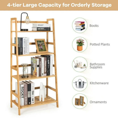 4Tier Bamboo Bookshelf Ladder Shelf Plant Stand Rack