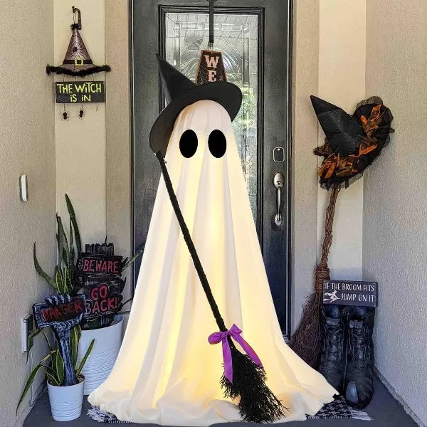 Spooky Ghost Halloween Decor with Witch Broom, Scary Ghosts Decor with LED Lights