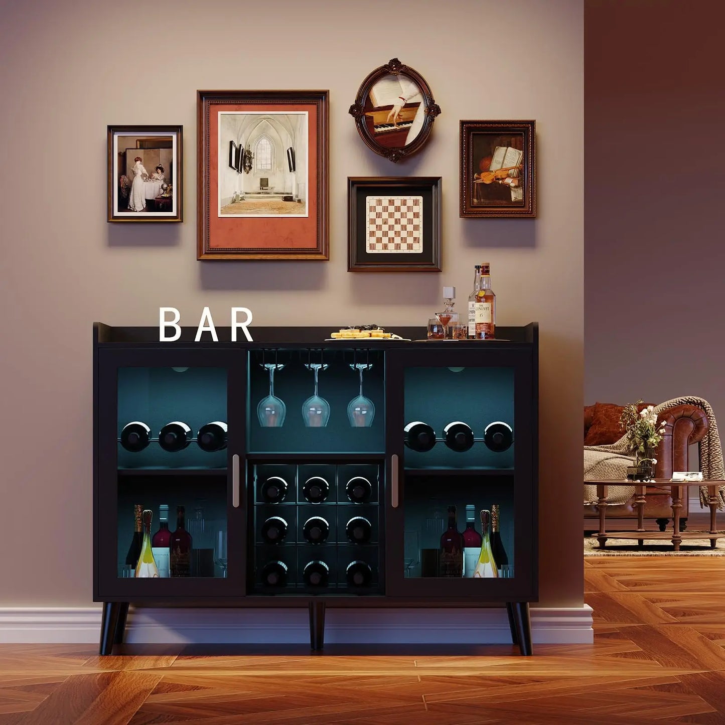 Wine Bar Cabinet With Led Lights & Glass Holder, Freestanding Sideboard With Wine Rack For Dining Room Kitchen Storage