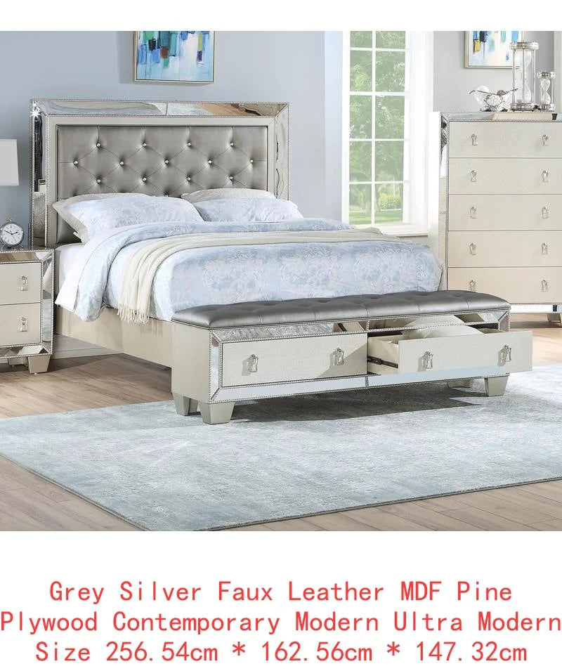 Glam Luxurious Queen Size Bed with Drawer Footboard, Silver Mirror Accents, Tufted Headboard Furniture Set for Modern Bedroom