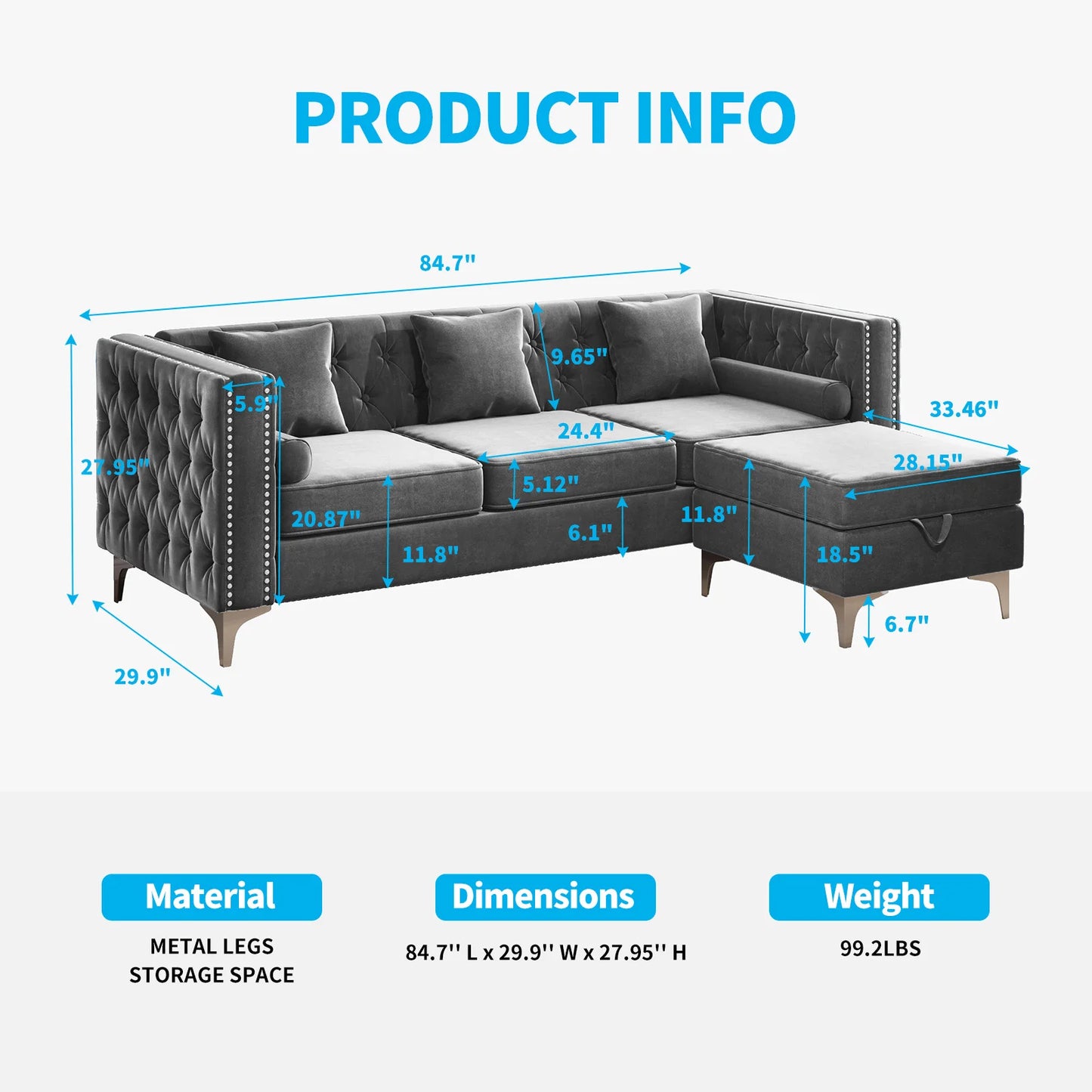 Convertible Sectional Sofa, Velvet Upholstered