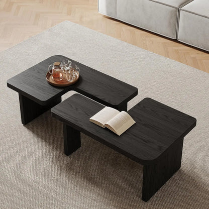 Mid-Century Nesting Coffee Table Set, 2 Adjustable Square Wood Tables, Minimalist Tea Table, Brown